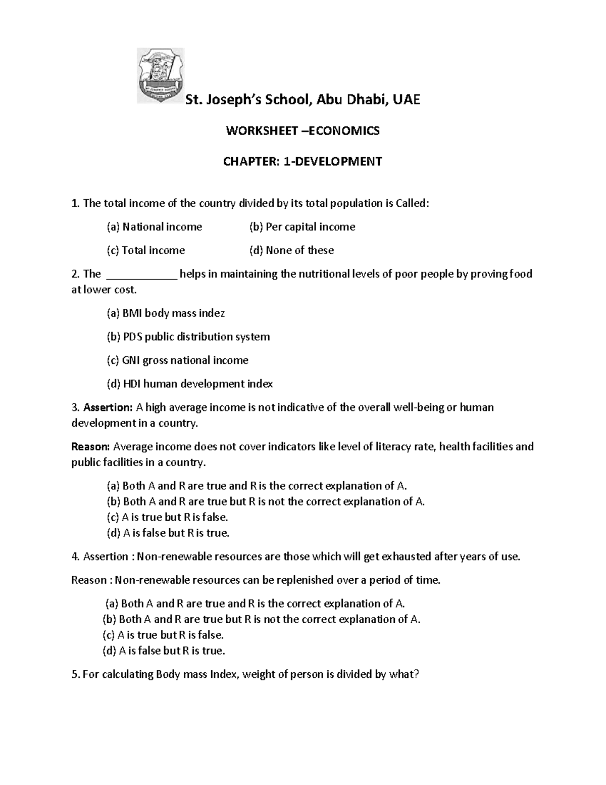 CH-1 Development Worksheet: Income, Resources & Nutrition - Studocu