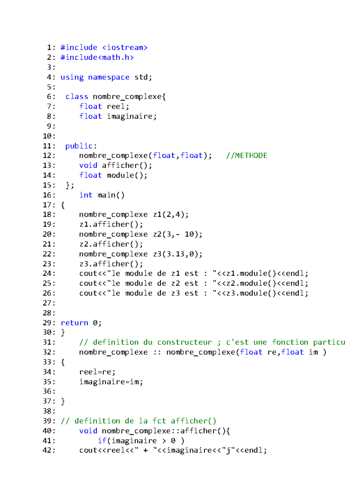 Exemple de Code C++: Classe nombre_complexe - Studocu