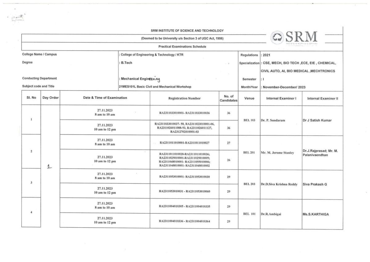 1st Year Practical Exam Schedule for 21MES101L - CSE & MECH 2023 - Studocu