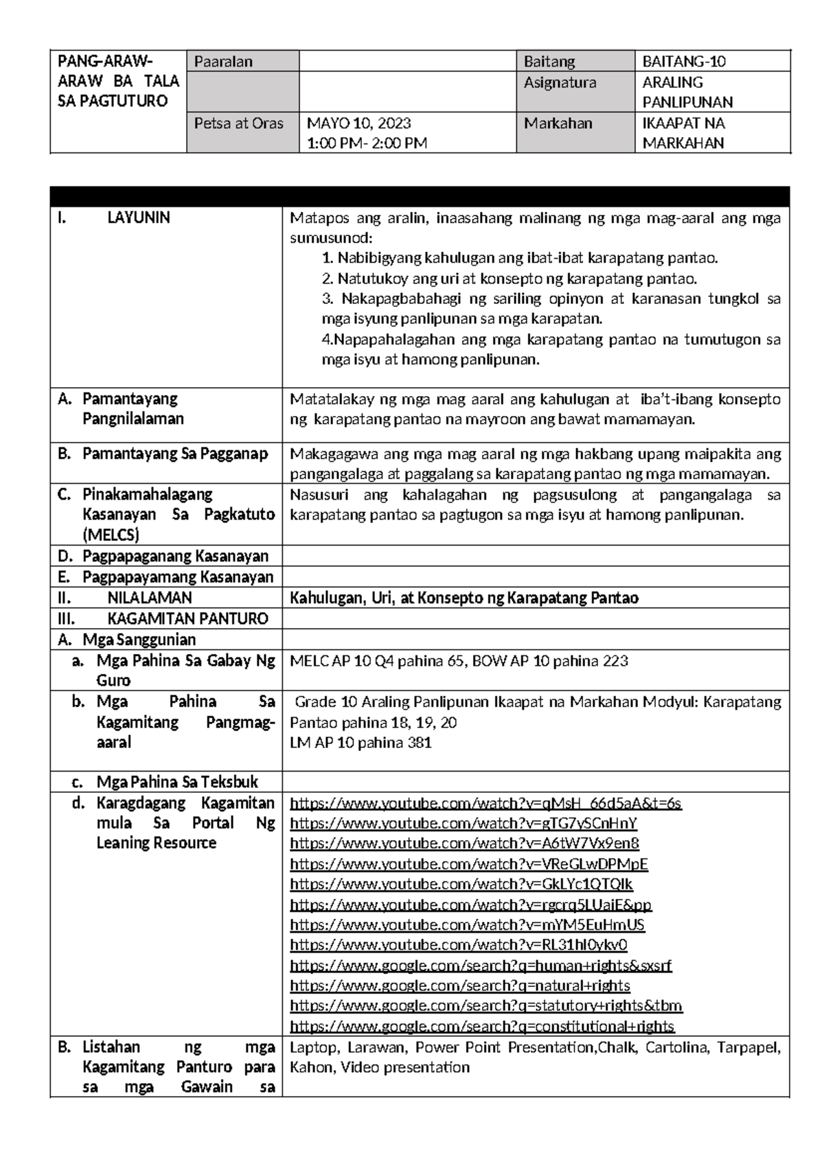 Lesson Plan AP-10: Karapatang Pantao at mga Isyung Panlipunan - Studocu