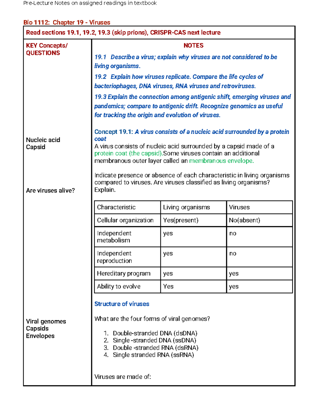 Ch. 19 Viruses: Key Concepts and Notes on Readings - Studocu
