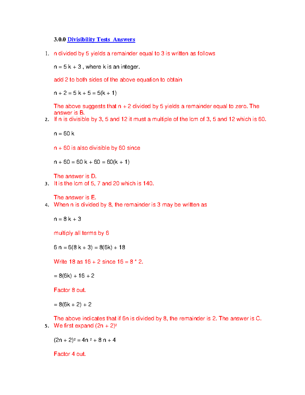 3.0.0 Divisibility Tests: Detailed Answers and Explanations - Studocu