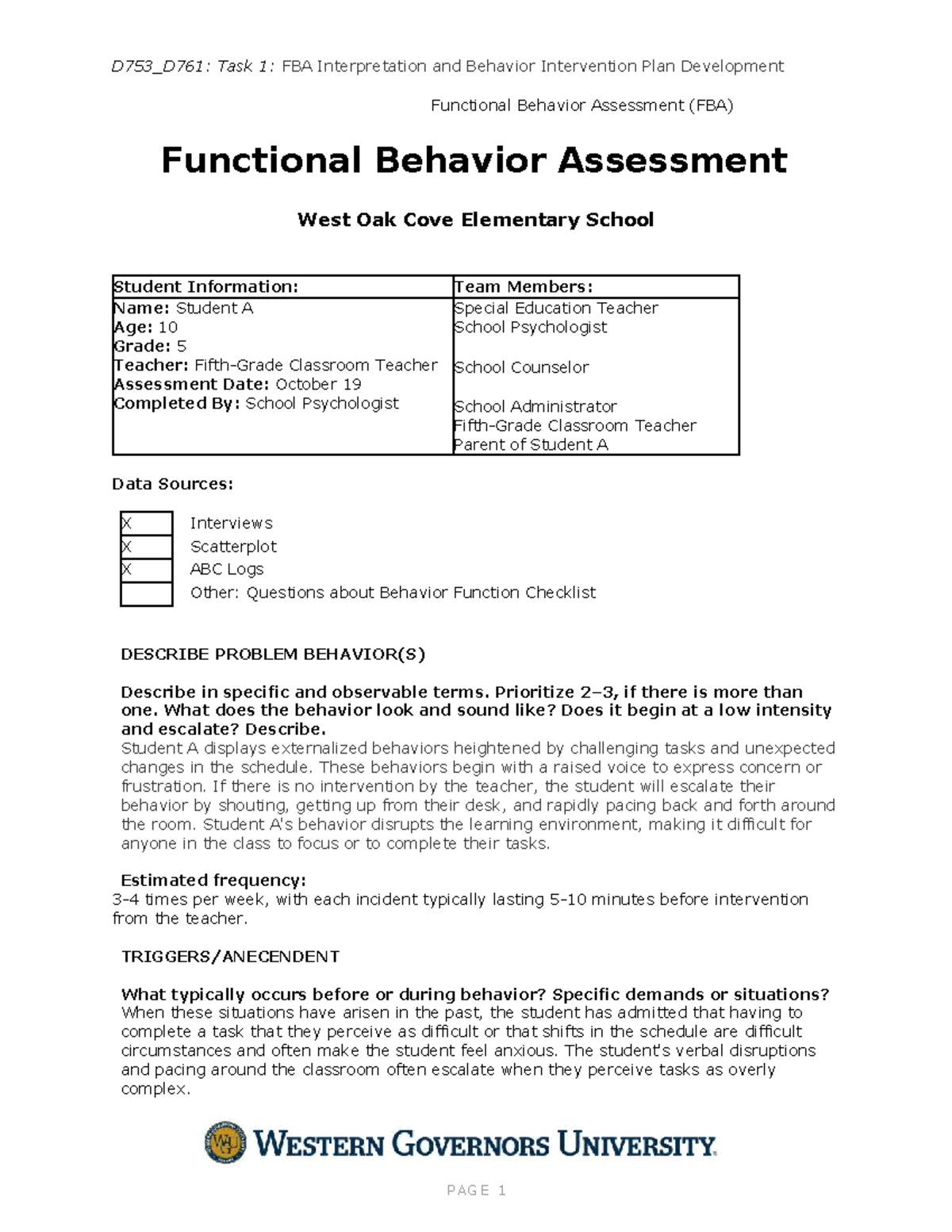 FBA Analysis: Understanding Student A's Disruptive Behaviors - Studocu