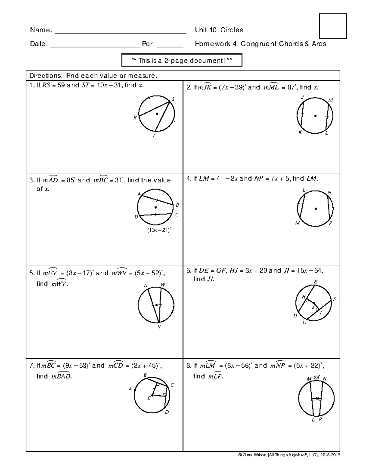 Geometry Assignment for Jacob - Unit 10: Circles (HW 4) - Studocu