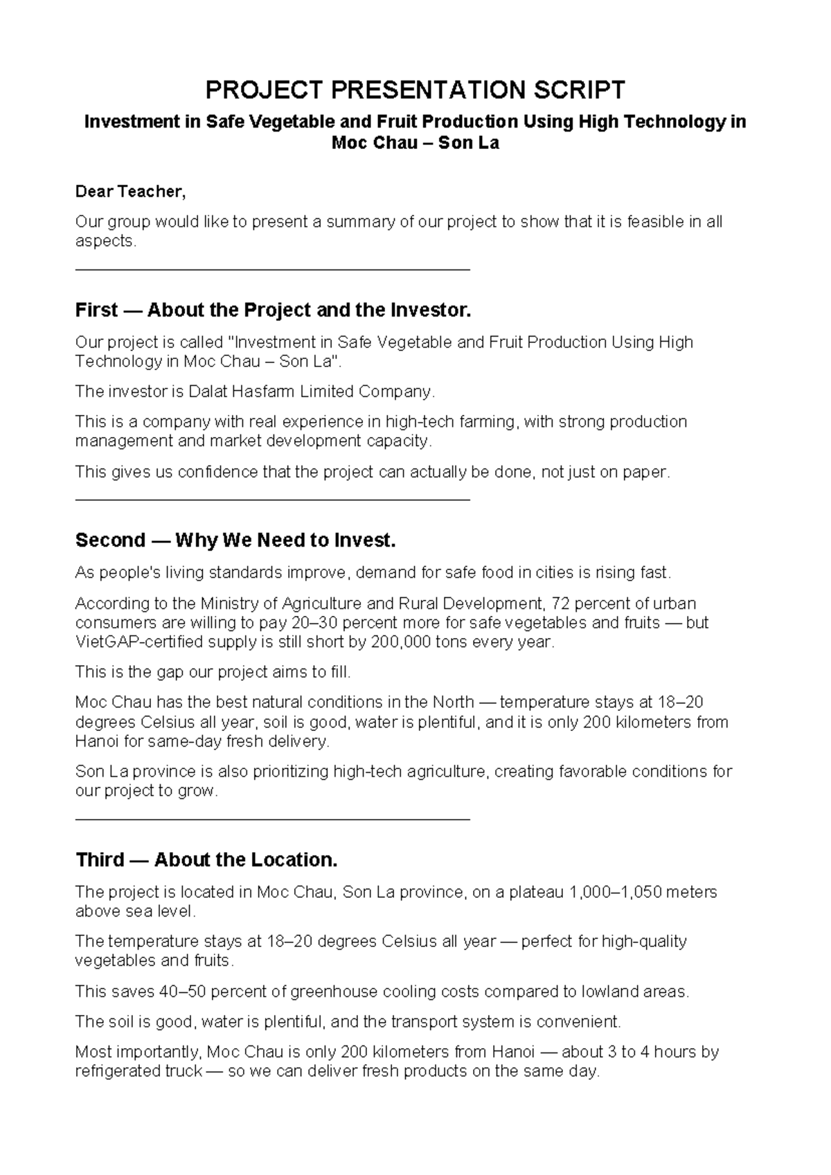 PROJECT PRESENTATION SCRIPT: Investment in Safe Vegetable & Fruit ...