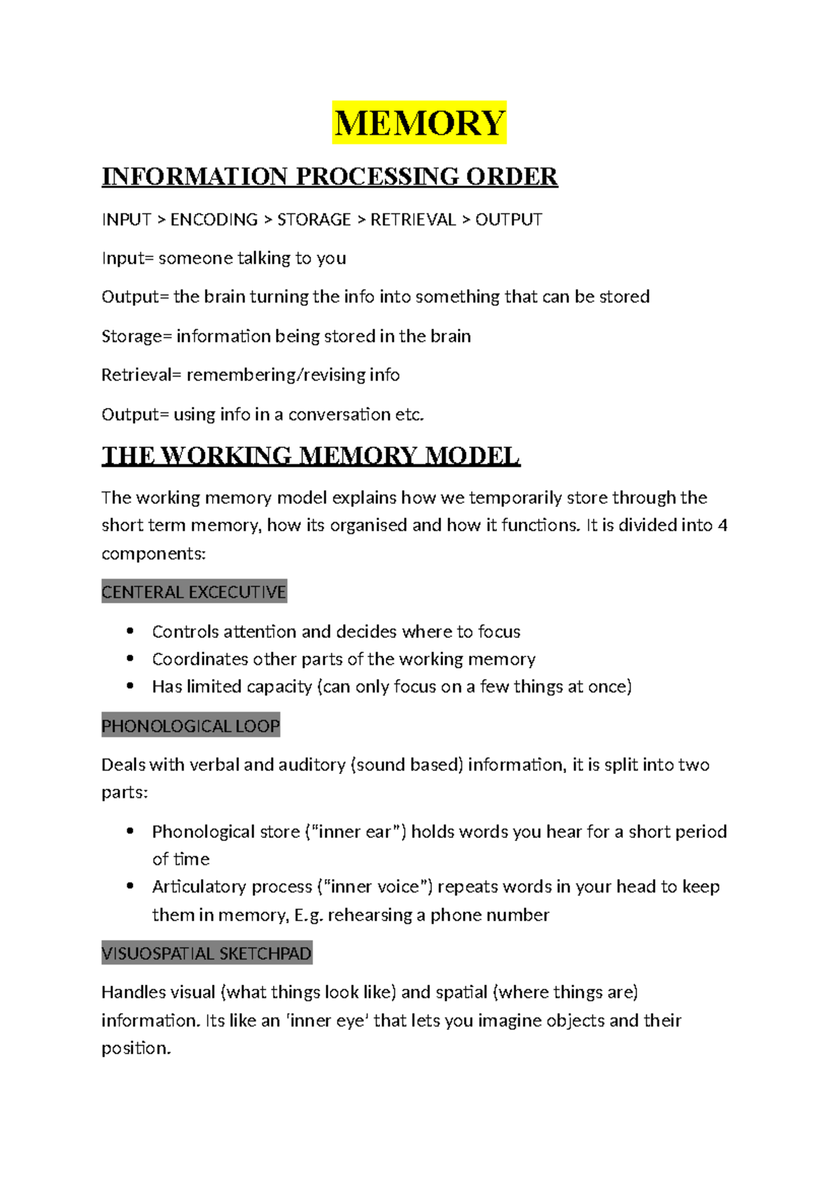 Cognitive Psychology Revision Guide: Memory Models & Theories - Studocu