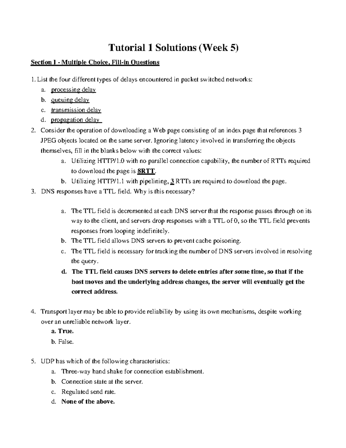 Tutorial 1 Answers - Tutorial 1 Solutions (Week 5) Section I - Multiple ...