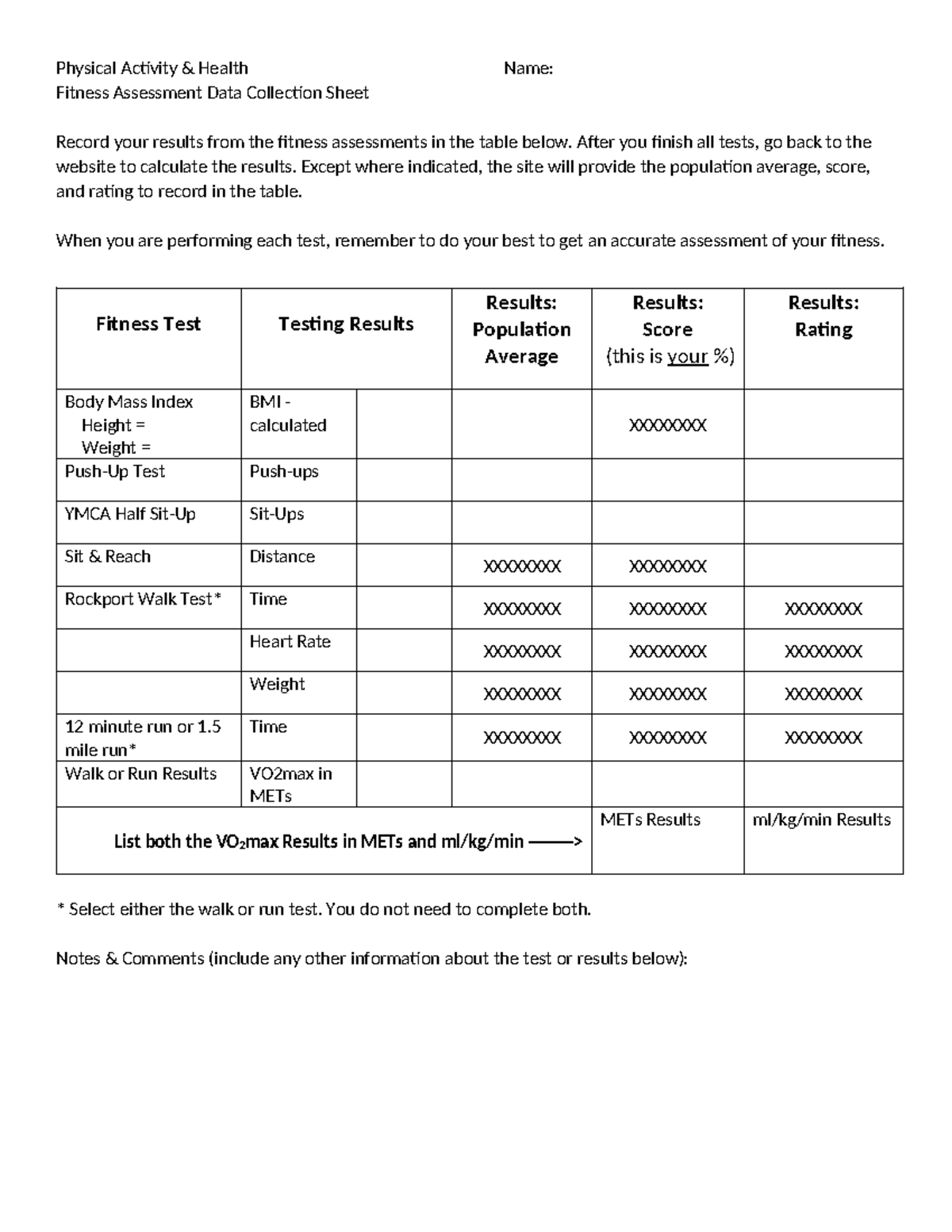 Fitness Assessment Data Collection Sheet for Physical Activity & Health ...