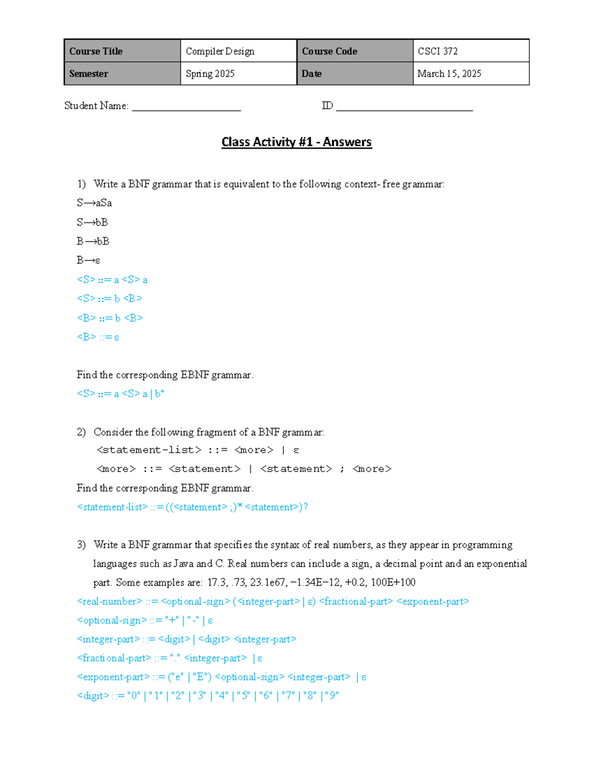 Class Activity Answers for Compiler Design CSCI 372 - Spring 2025 - Studocu