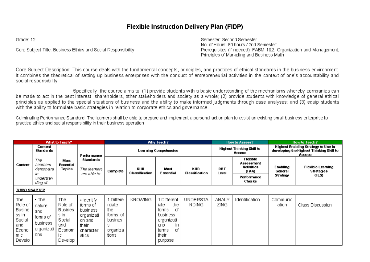 Flexible Instruction Delivery Plan (FIDP) for Business Ethics and ...