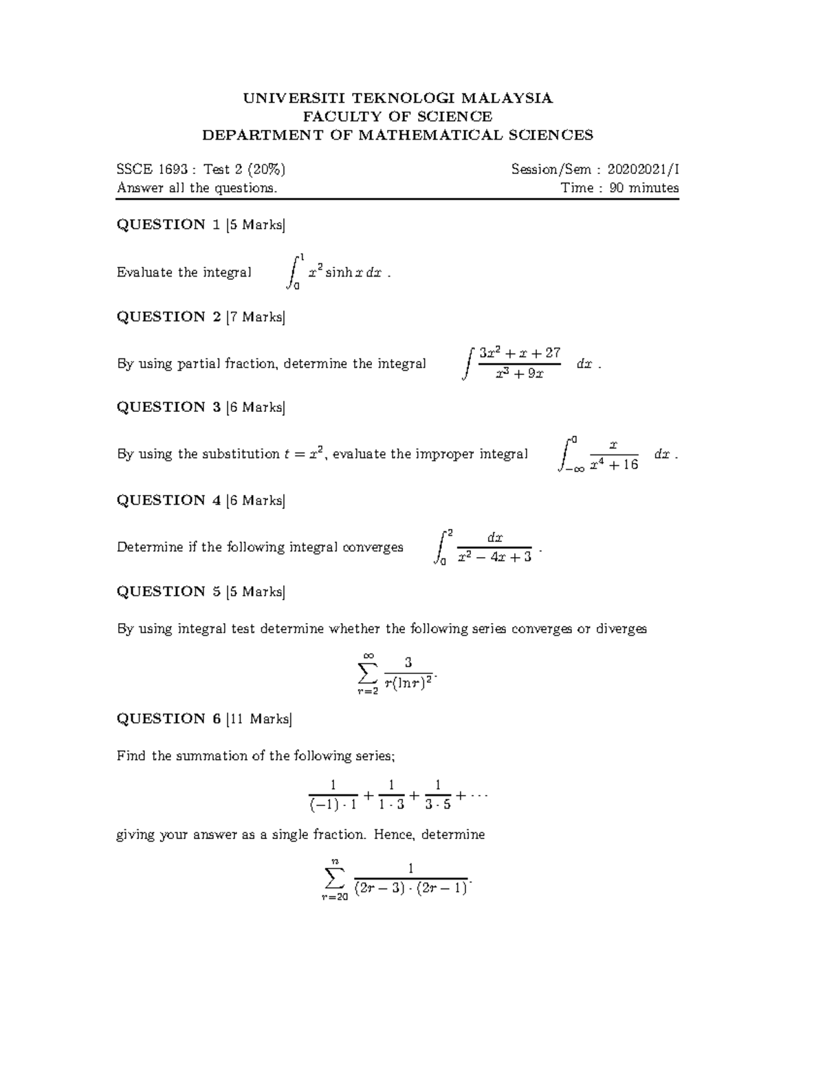 Sample Test 2 SSCE1693 20202021: Integral Evaluation & Series ...