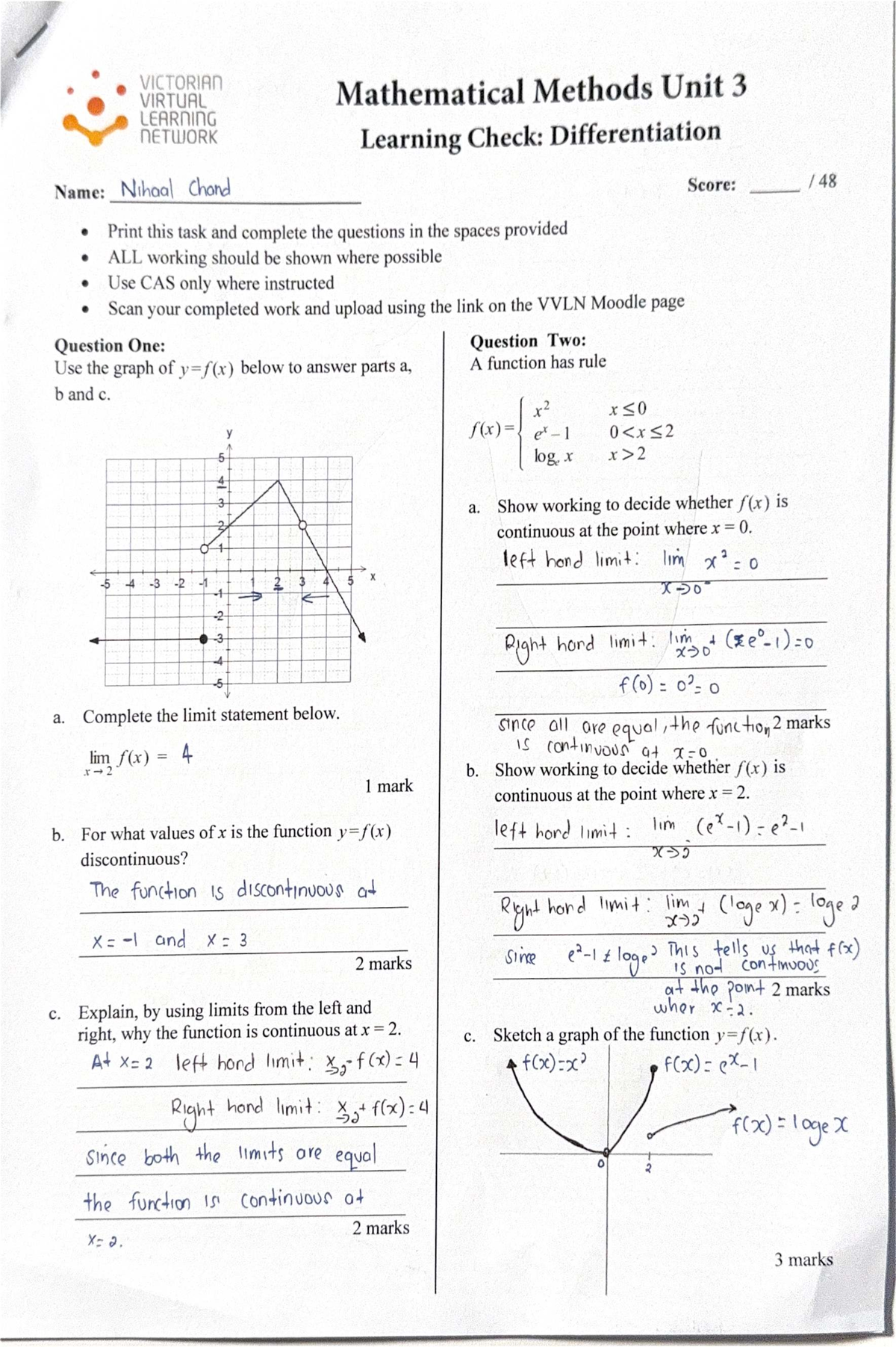 Mathematical Methods Unit 3: Learning Check on Differentiation - Studocu