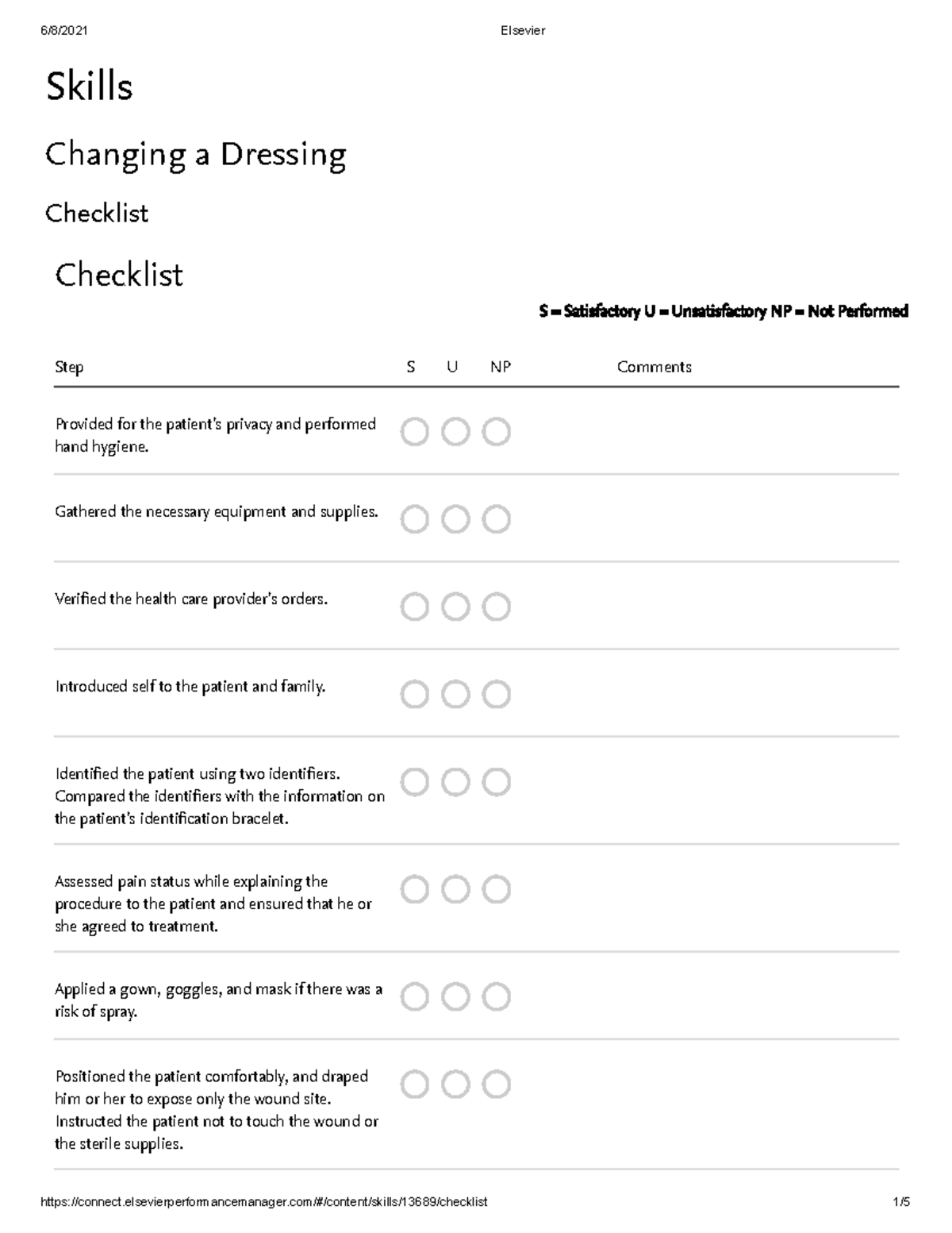 Clinical Skills - Skills Changing a Dressing Checklist Checklist S ...