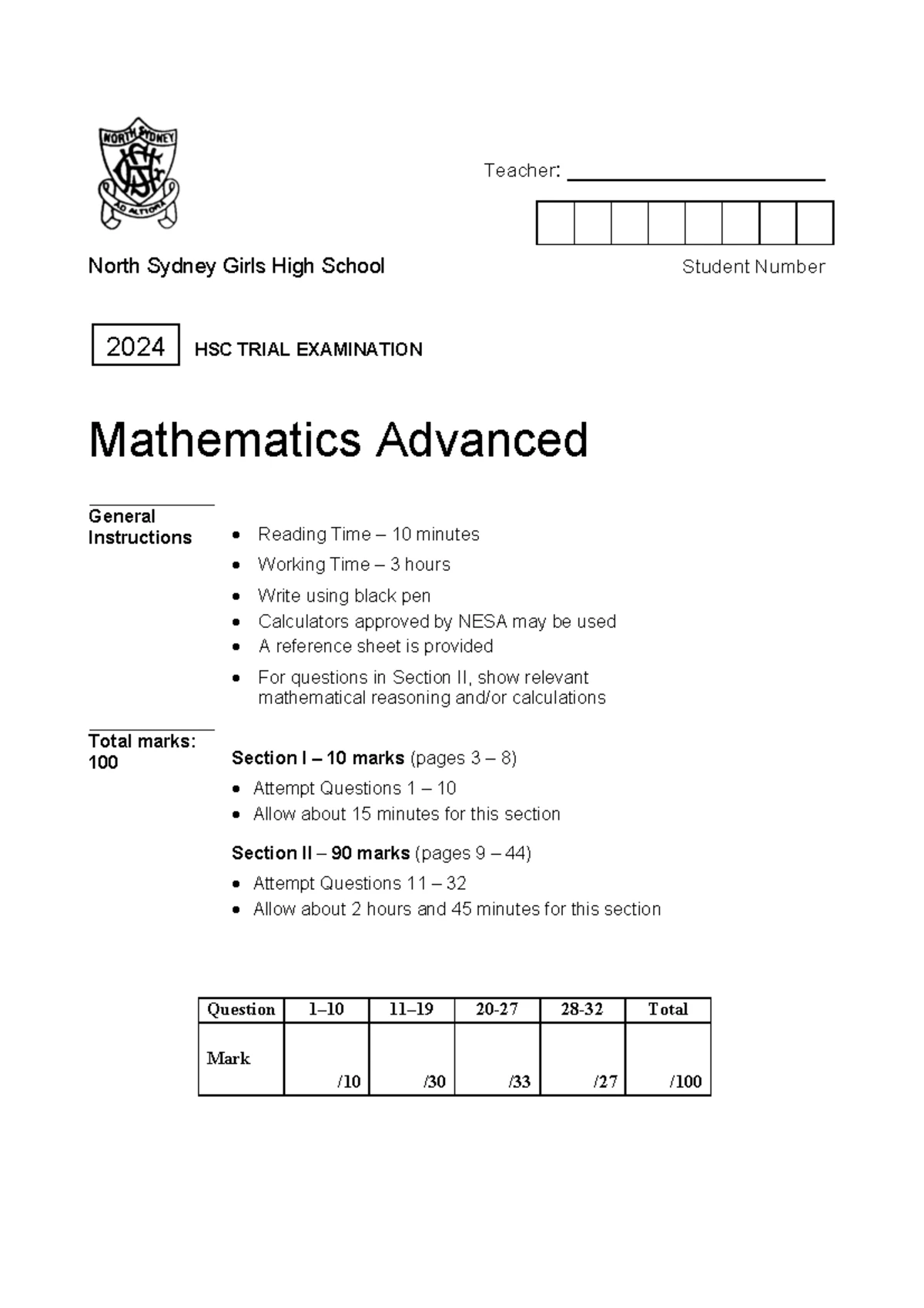 Mathematics Advanced HSC Trial Exam 2022 - Ascham School Solutions ...