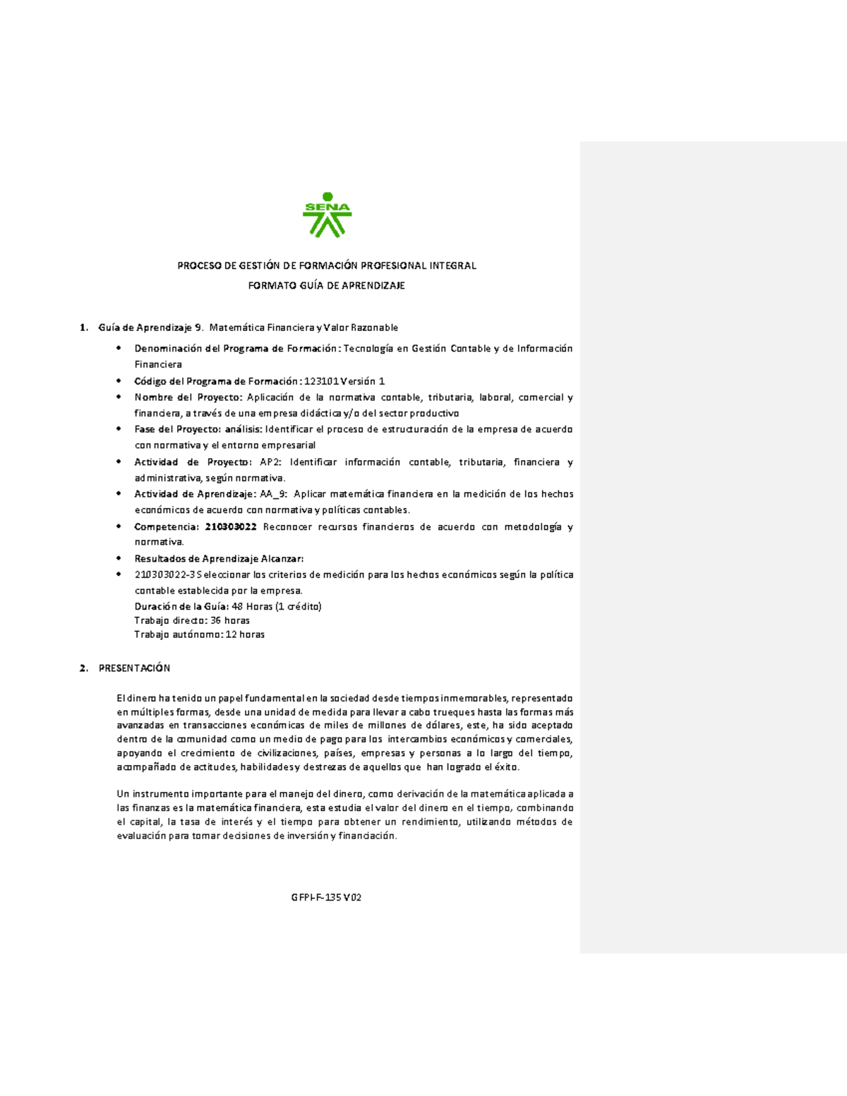 Guía de Aprendizaje 9: Matemática Financiera y Valor Razonable - 123101 - Document Preview