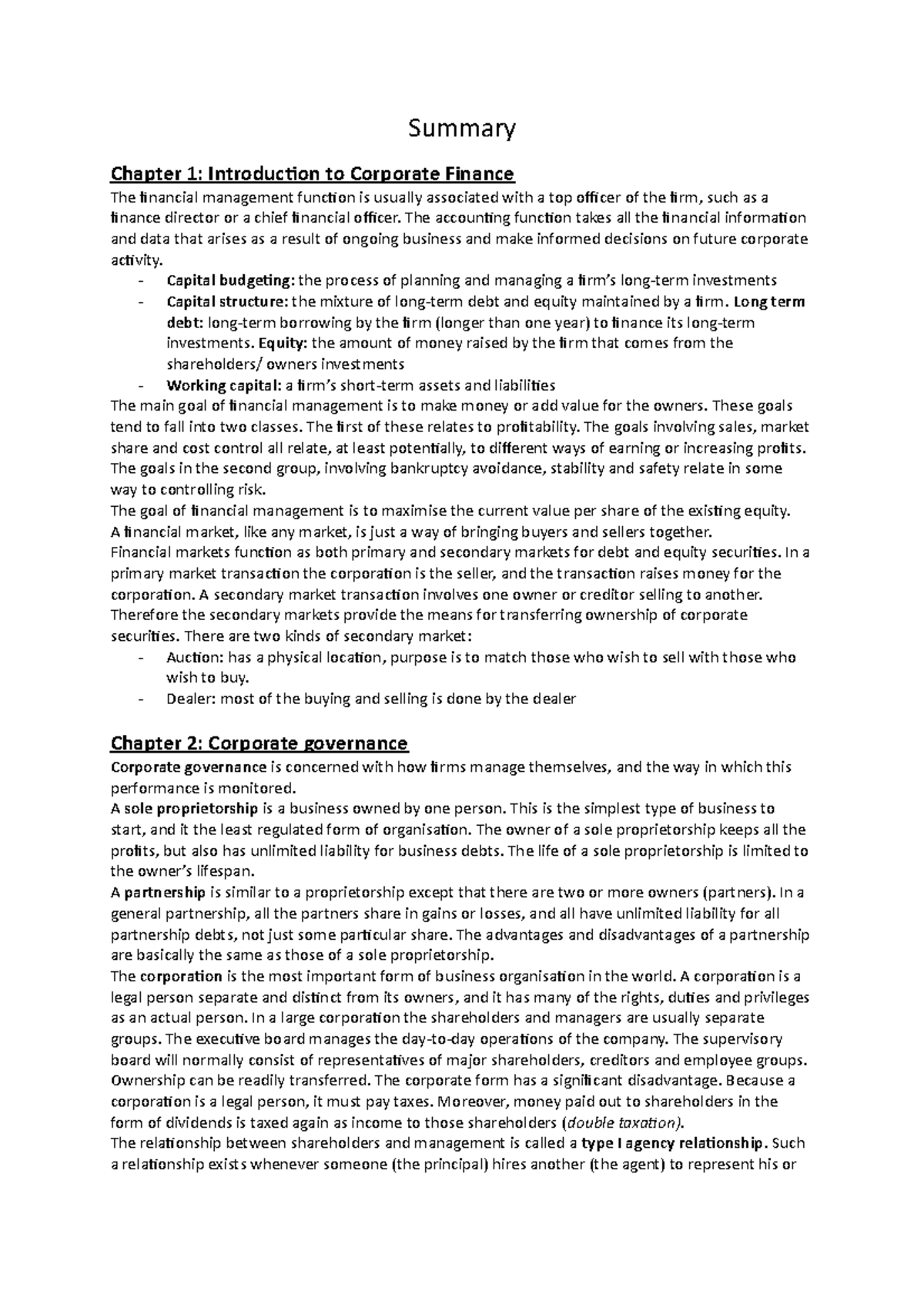 Fundamentals of Corporate Finance (FIN 101): Chapter 1-9 Summary ...