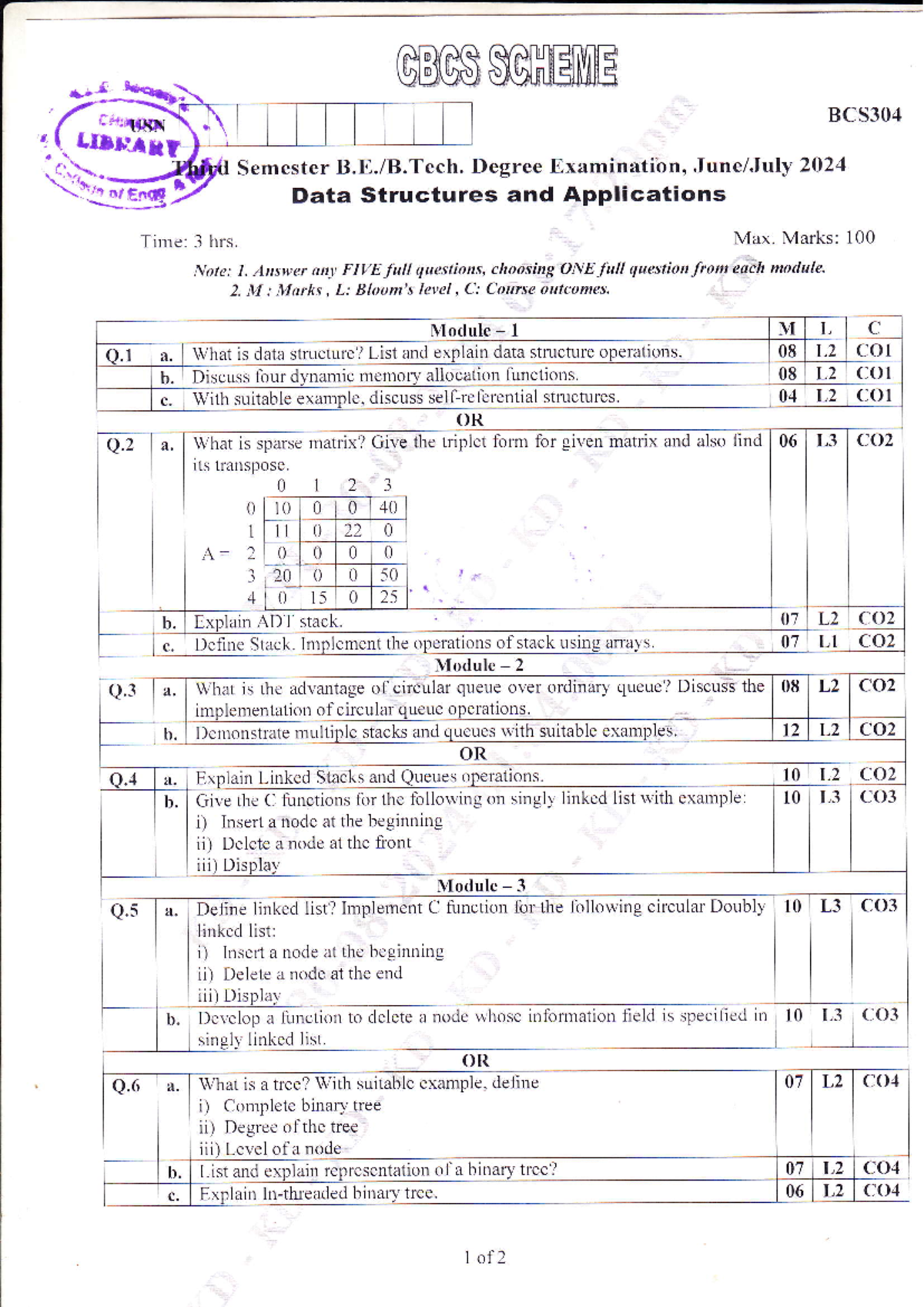 BCS304 Final Exam July 2024 - Data Structures & Applications PYQs - Studocu