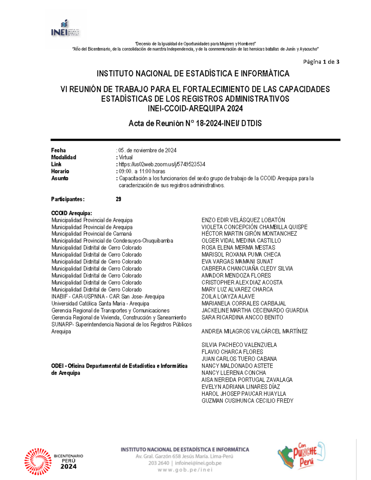 Acta N° 18 - 2024: Reunión de Trabajo CCOID Arequipa - Fortalecimiento ...