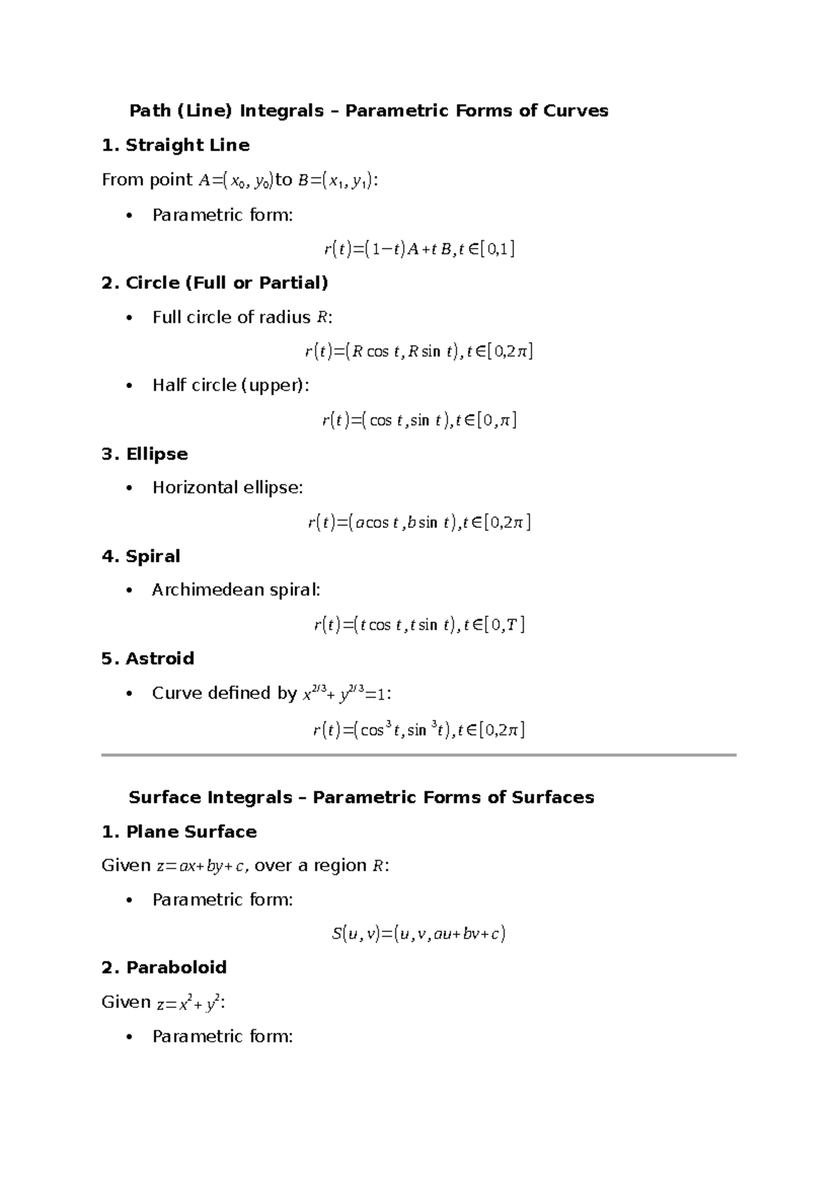 Parametric Forms of Curves and Surfaces Cheat Notes - Studocu