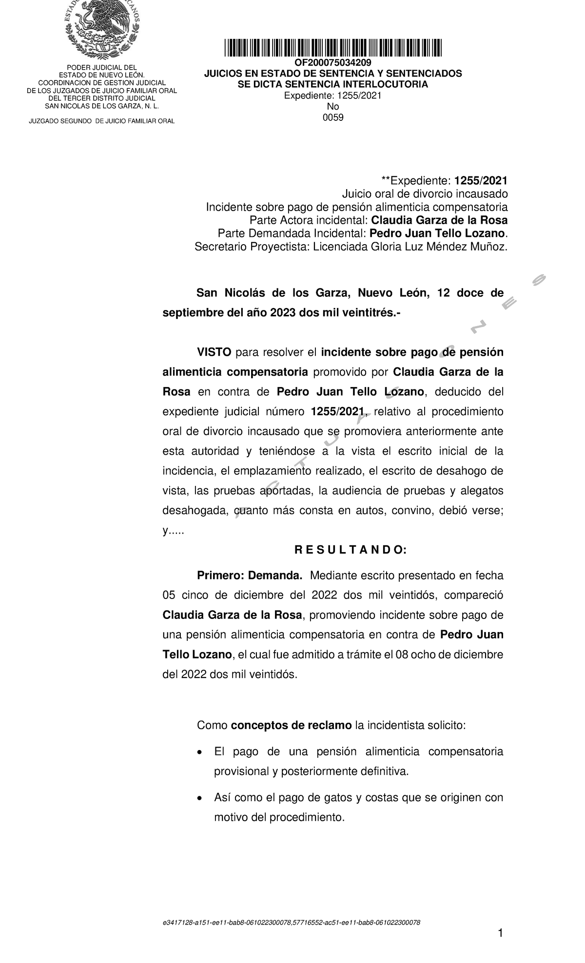 Sentencia Interlocutoria en Juicio Familiar Oral - OF200075034209 - Studocu