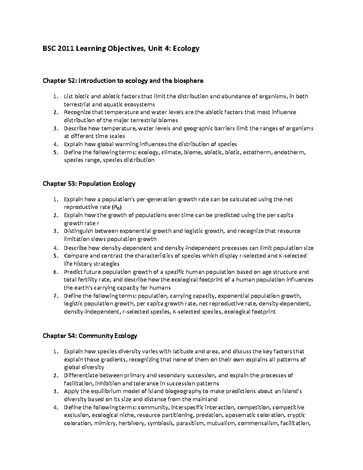 BSC 2011 Final Exam Study Guide: Ecology Chapters 52-56 Overview - Studocu