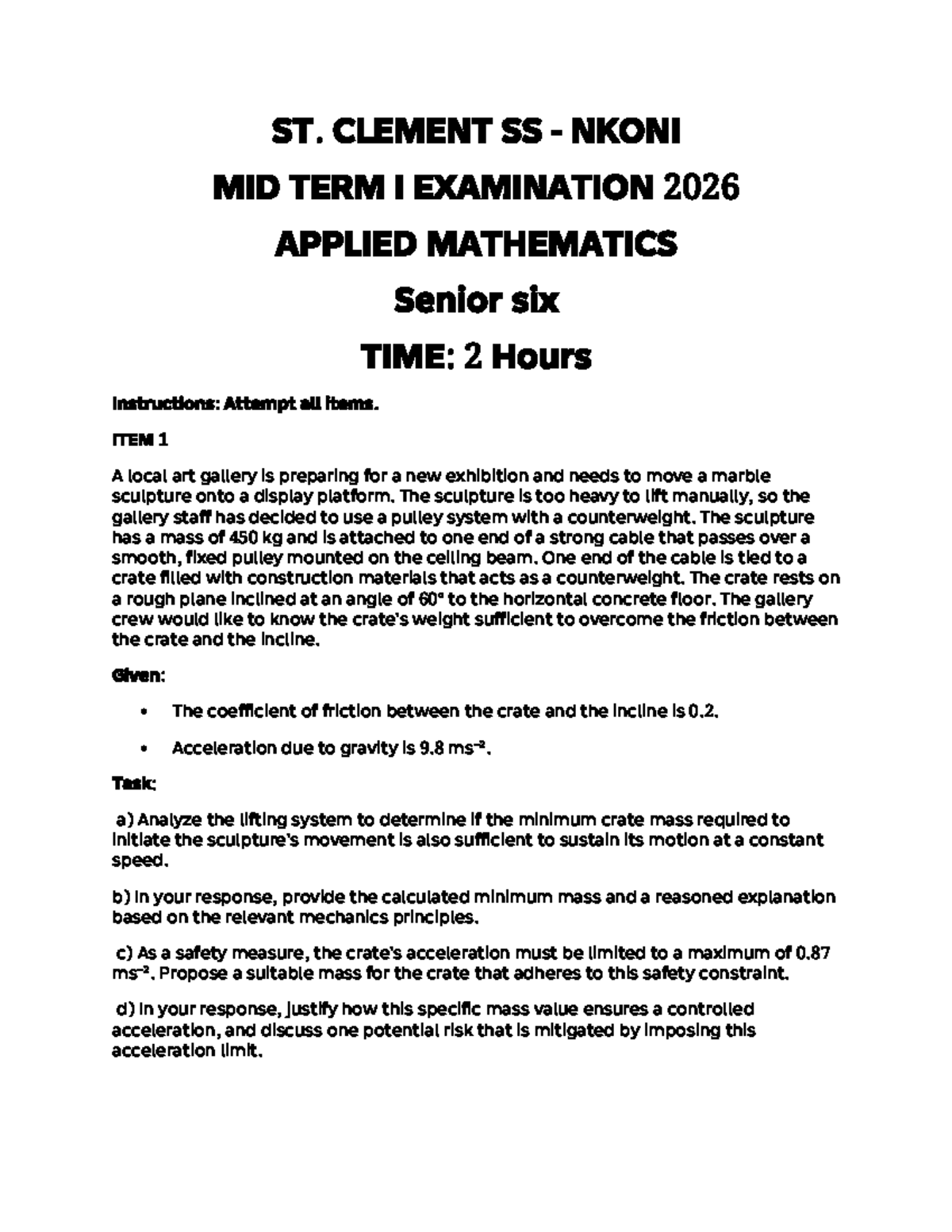 ST. CLEMENT SS NKONI S6 MID TERM I EXAM 2026 APPLIED MATH - Studocu
