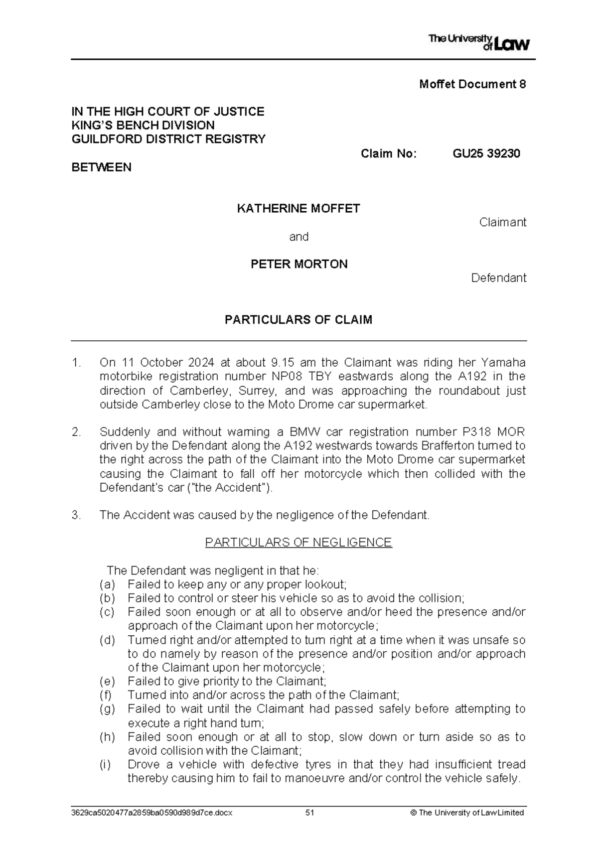 Moffet Document 8: Claim and Defence in High Court Case GU25 39230 ...