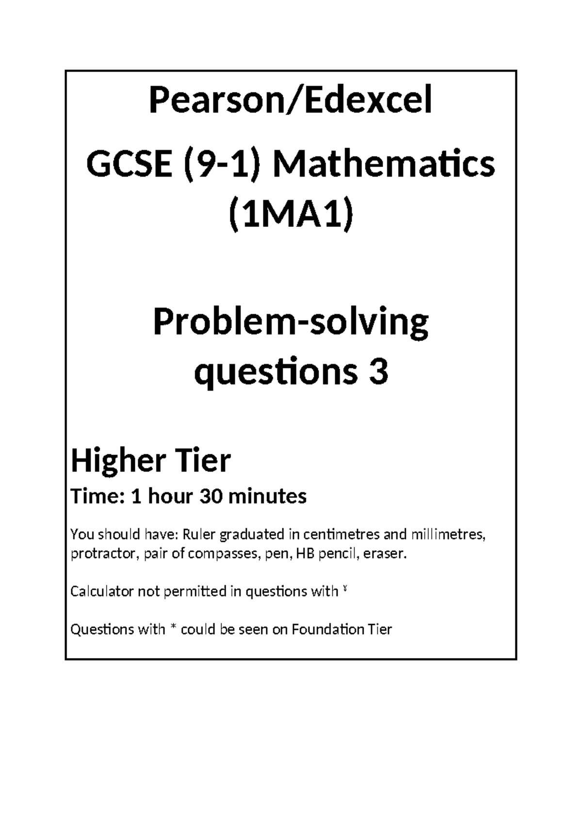 GCSE Mathematics (1MA1) Higher Tier Problem Solving Questions 3 - Studocu