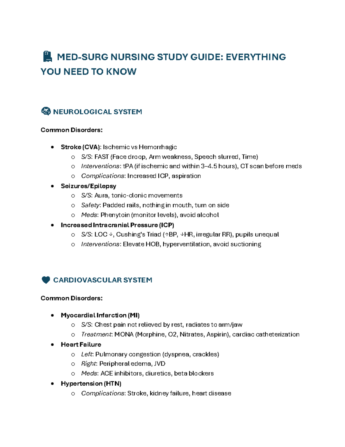 NURS 101: Comprehensive Med-Surg Nursing Study Guide for Exams - Studocu