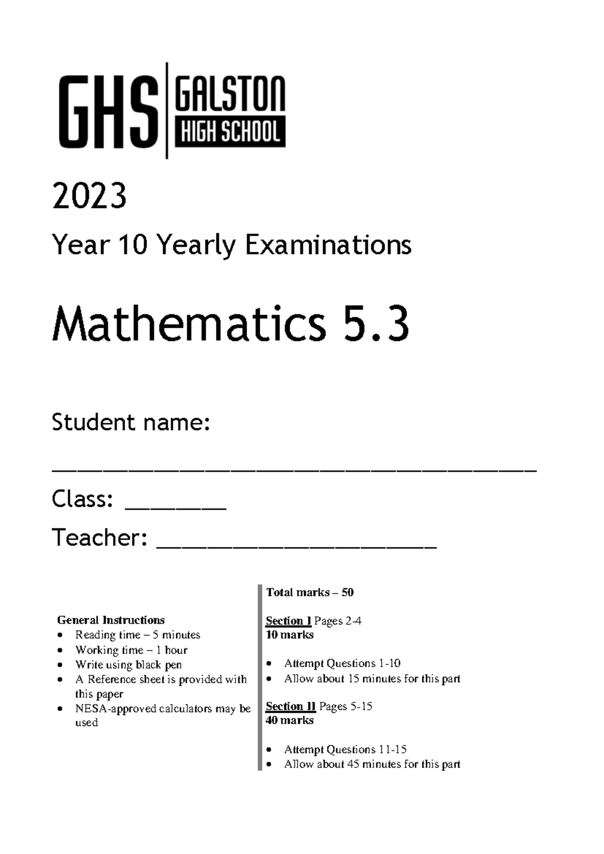 2023 Y10 5.3 Mathematics Yearly Exam Paper - Studocu