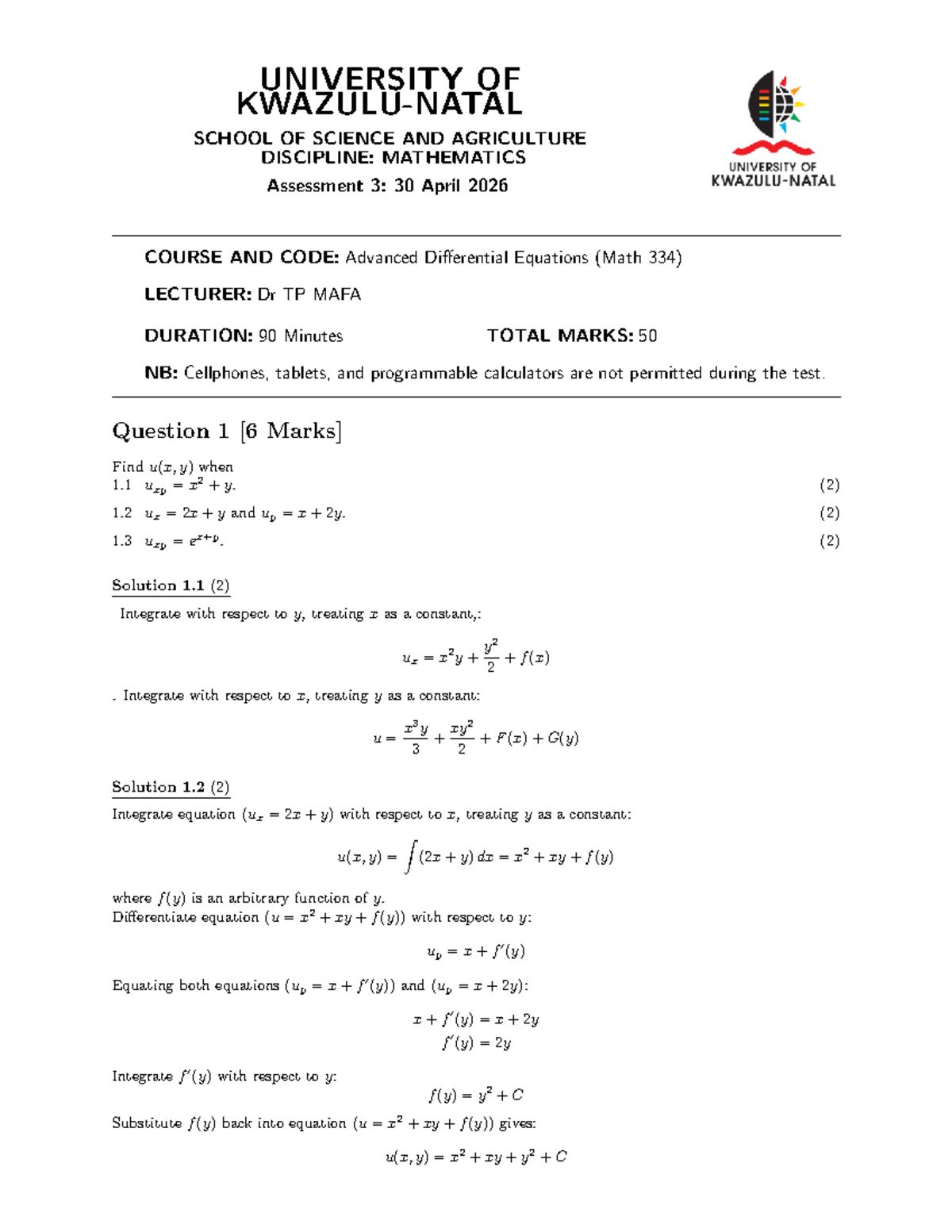2026 Math 334 Assessment 3 Solutions: Advanced Differential Equations ...