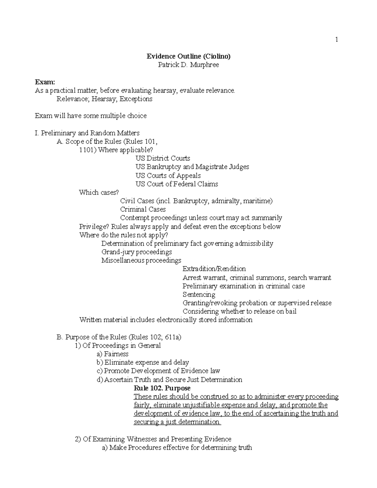 Evidence Outline for Exam: Ciolino & Murphree Study Notes - Studocu