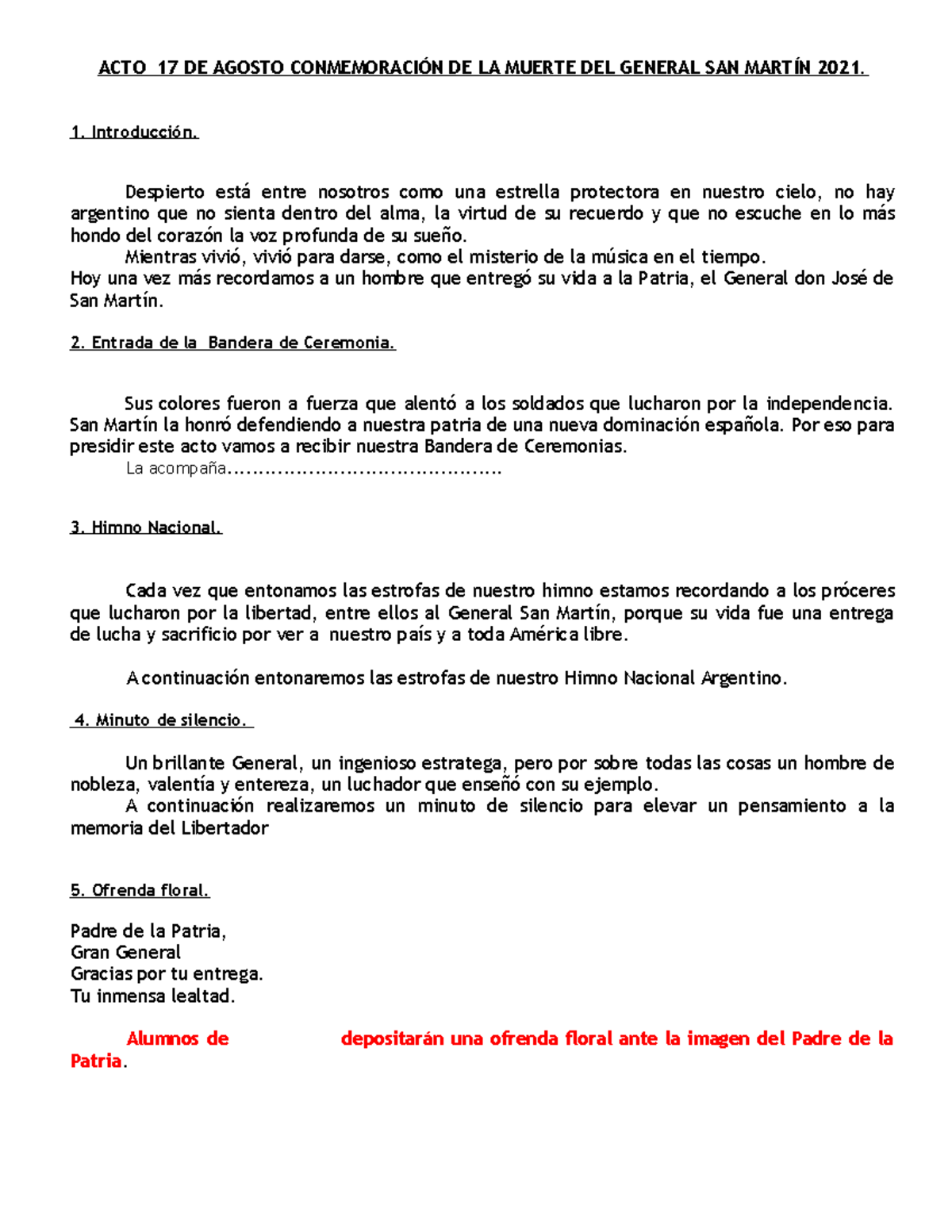 ACTO 17 DE AGOSTO: Conmemoración de la Muerte del Gral. San Martín 2021 ...