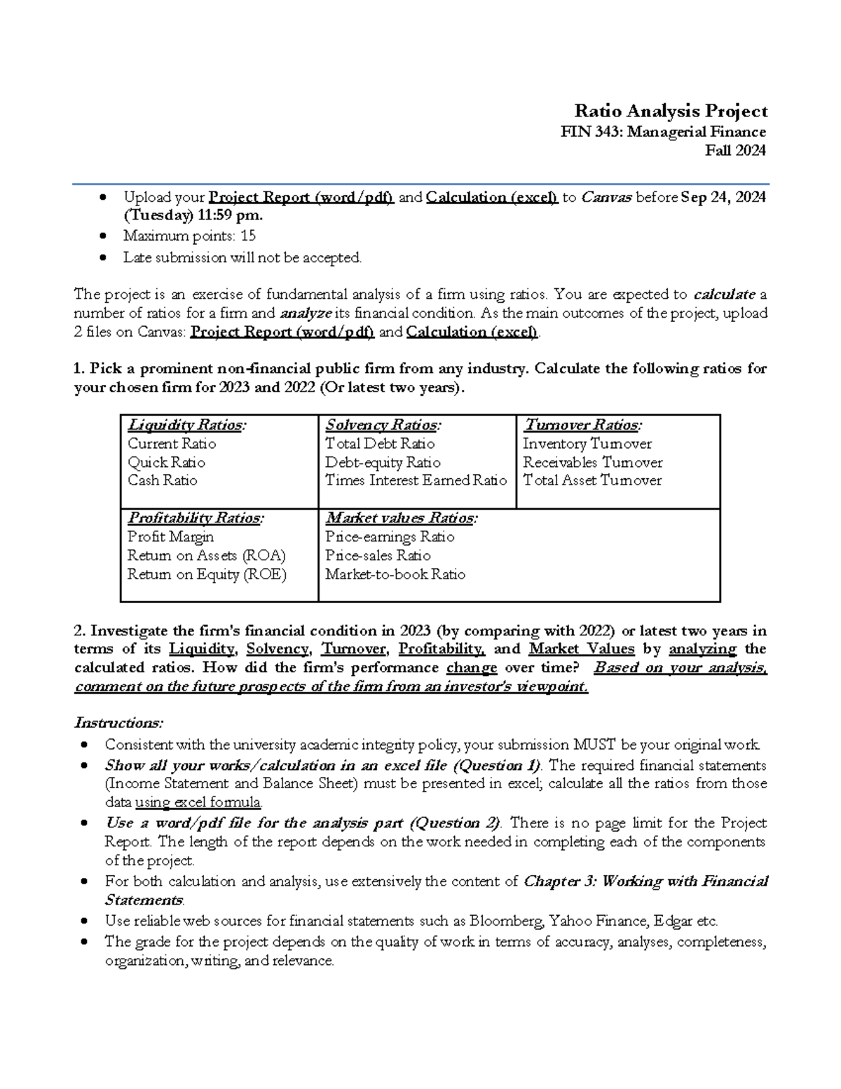 Ratio Analysis Project Report for FIN343 - Fall 2024 - Studocu