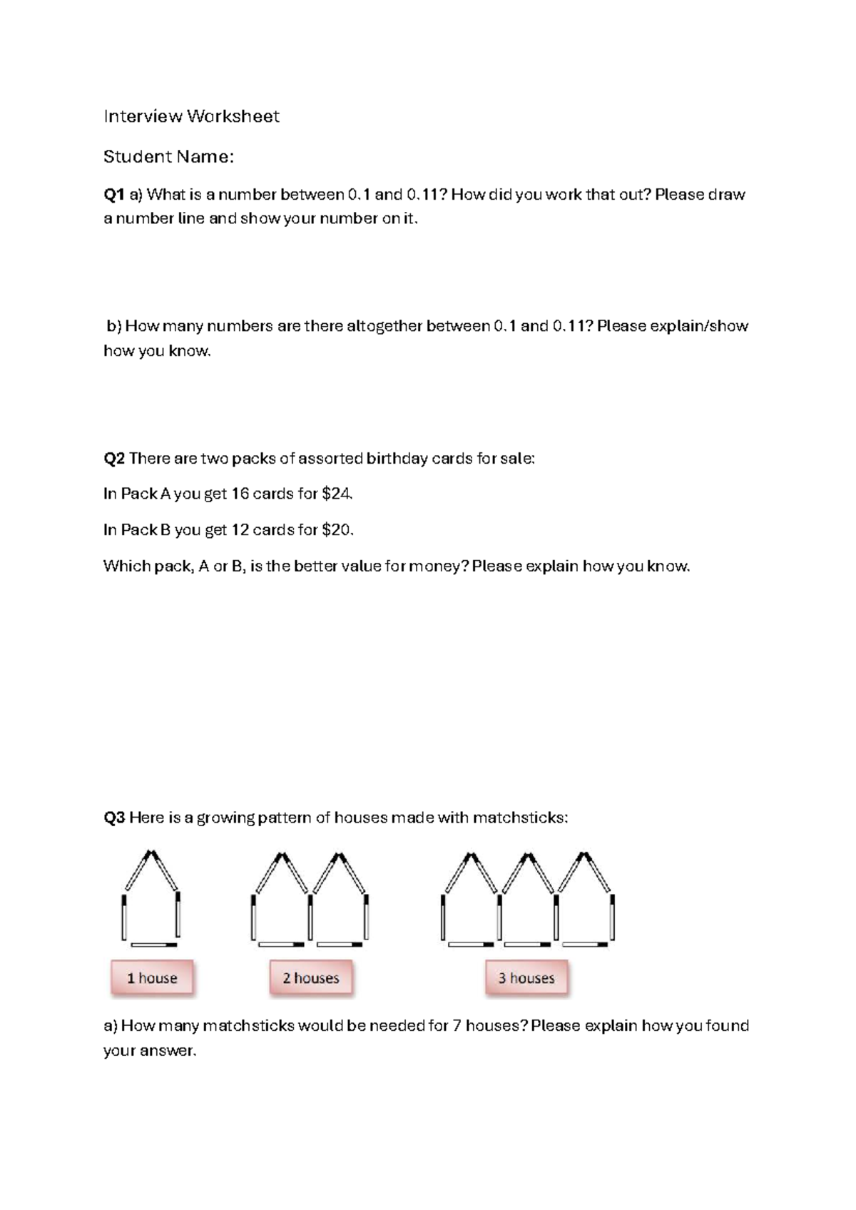 Student Knowledge Survey: Math Interview Worksheet and Problem Solving ...