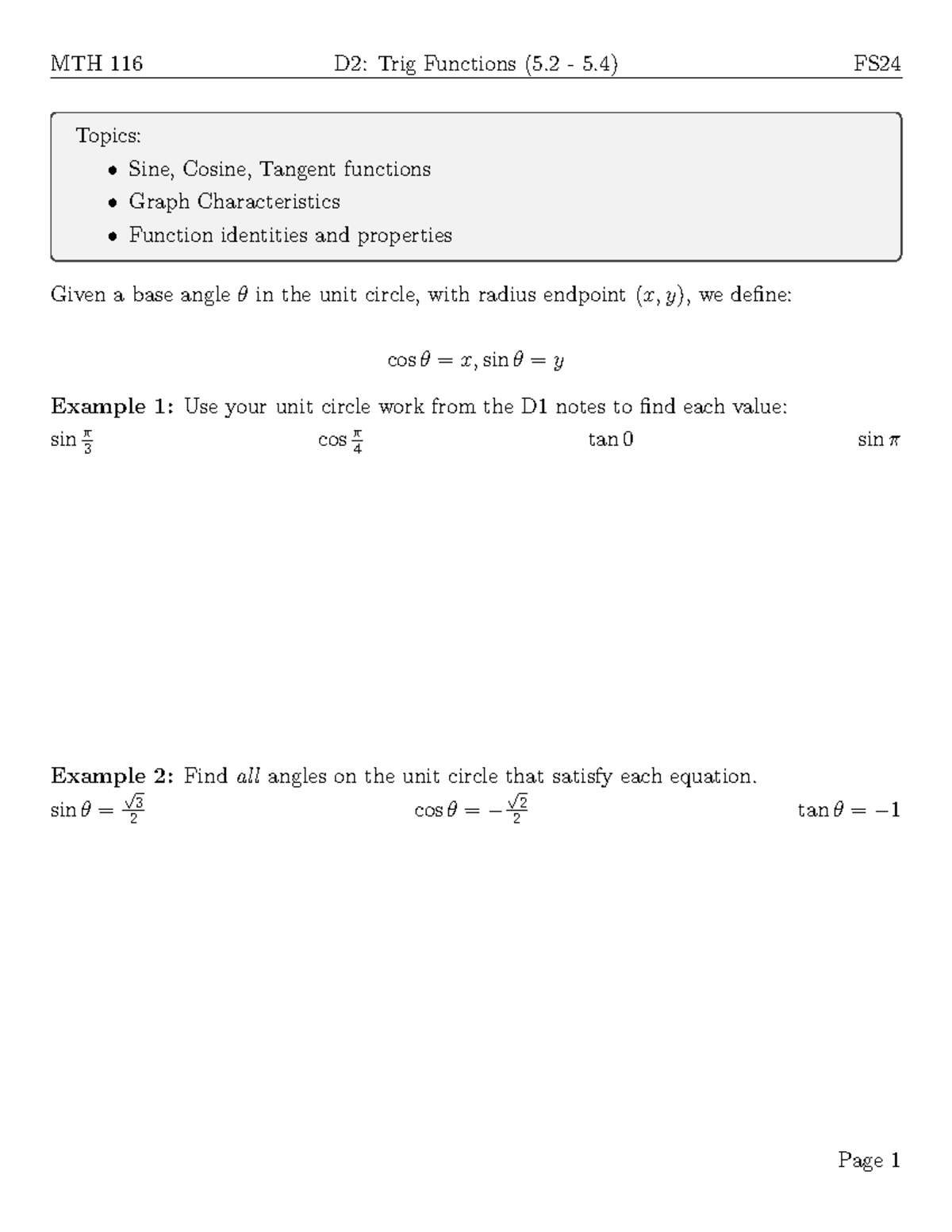 MTH 116: Trig Functions Lecture Notes (5.2 - 5.4) - Studocu