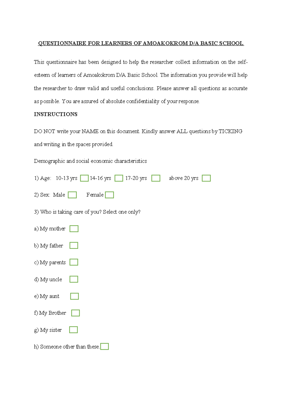 EBO Questionaire - project work - QUESTIONNAIRE FOR LEARNERS OF ...