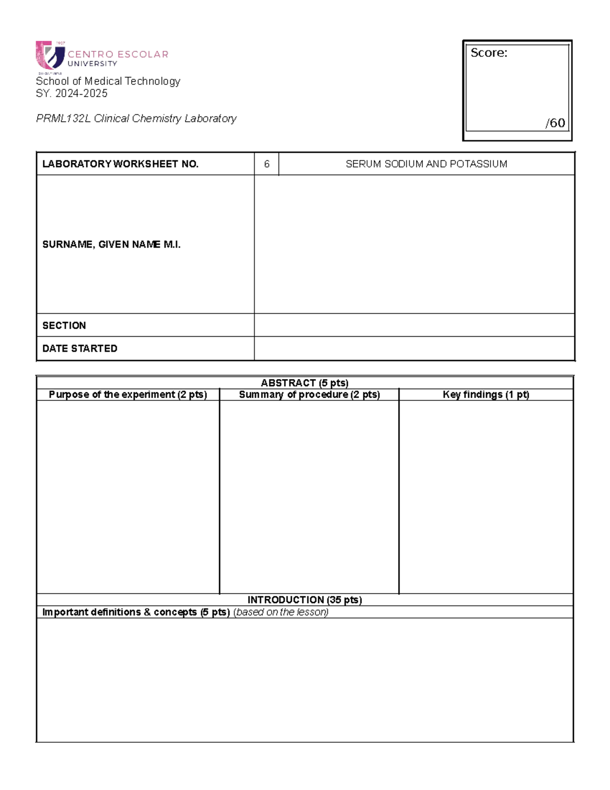 PRML132L Clinical Chemistry Lab Worksheet No. 6: Serum Sodium ...