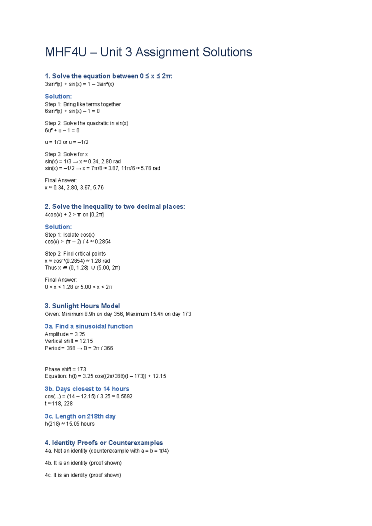 MHF4U Unit 3 Assignment Solutions: Trigonometric Equations & Models ...