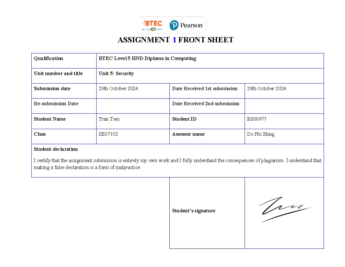 ASM1 - Security - TRAN TIEN BS00977 Final 2 - ASSIGNMENT 1 FRONT SHEET ...