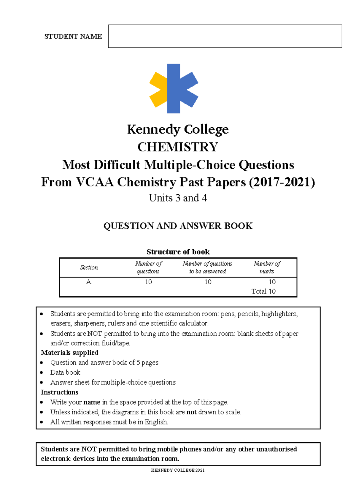 VCE CHEMISTRY Most Difficult MCQs from Past Papers Units 3 & 4 - Studocu