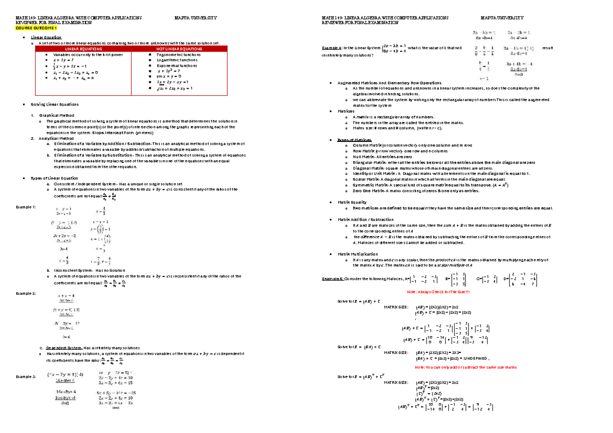 MATH 149 FINAL EXAM REVIEWER: LINEAR ALGEBRA & COMPUTER APPLICATIONS - Document Preview