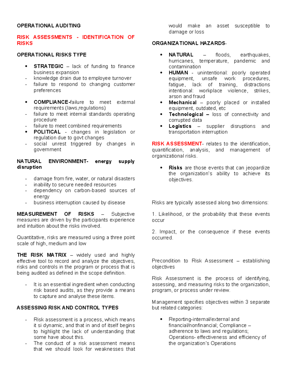 Operational Audit Risk Assessment: Key Issues & Controls - Studocu