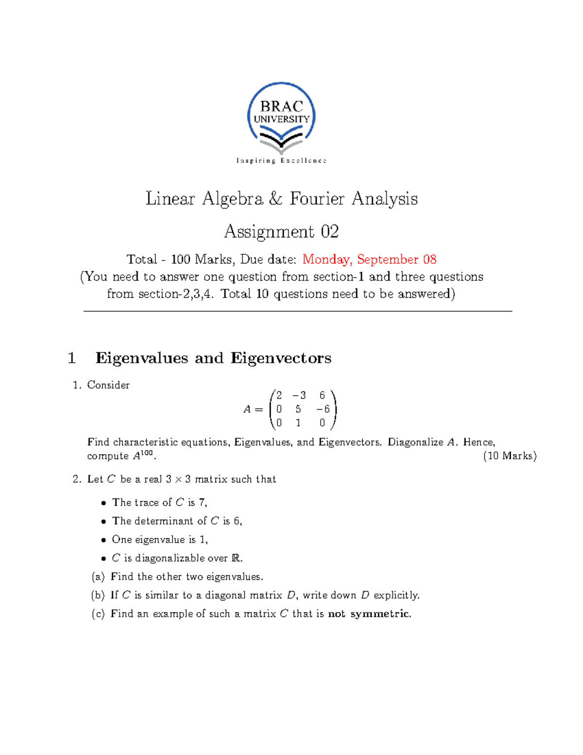 MAT216 Linear Algebra & Fourier Analysis Assignment 02 (100 Marks ...