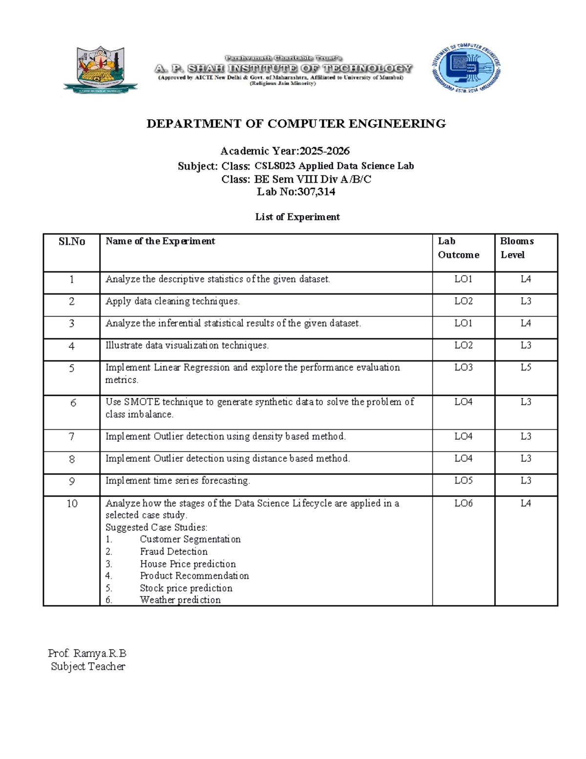 CSL8023 Applied Data Science Lab: List of Experiments 25-26 - Studocu