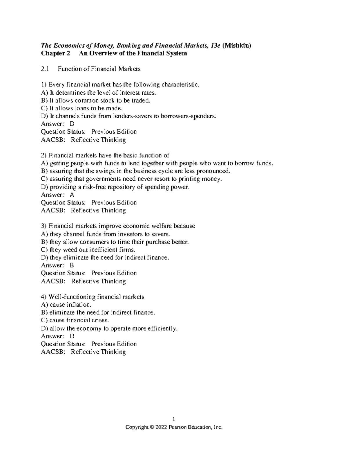 Chapter 2 Test Bank for Economics of Money, Banking, & Financial ...