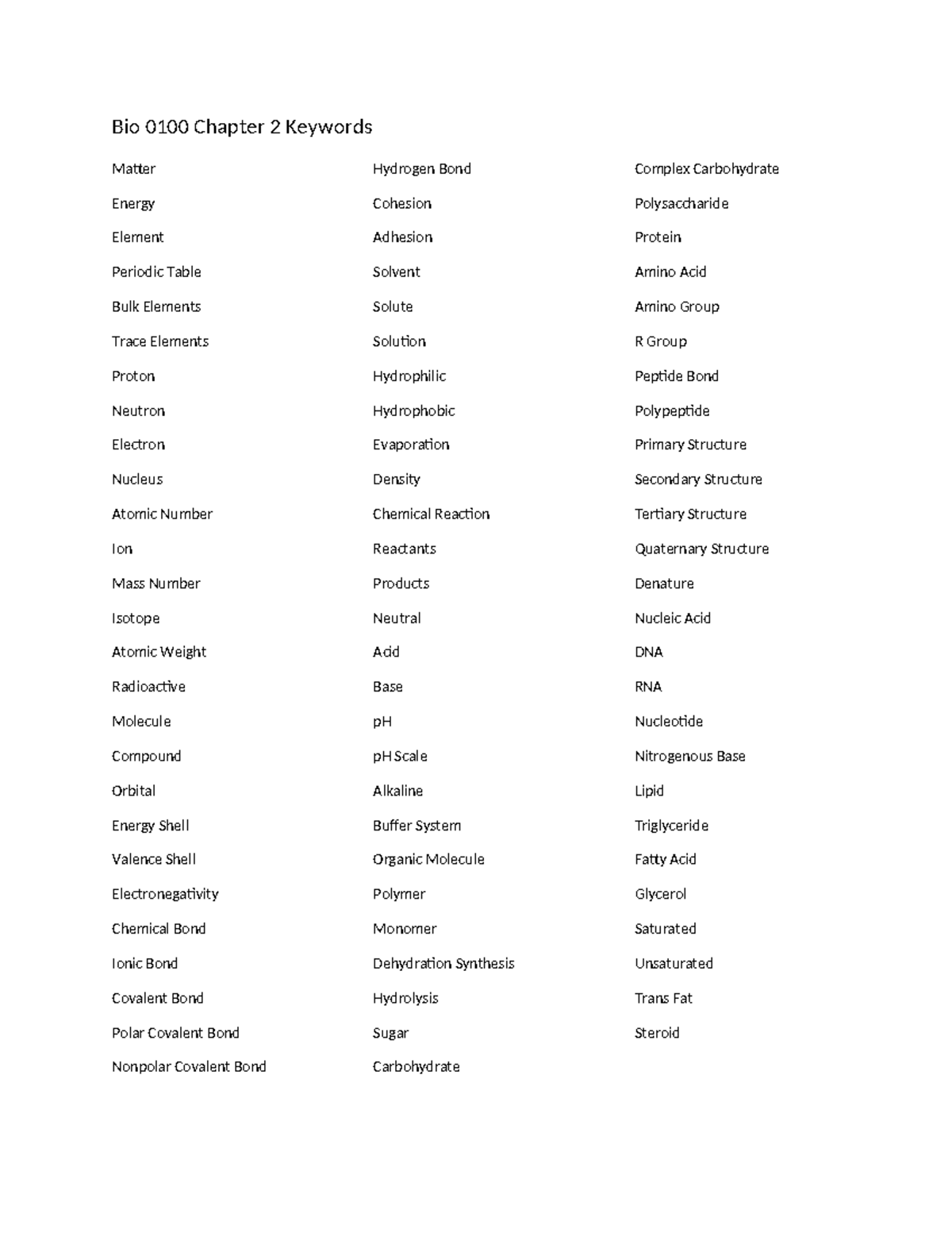 Bio 0100 Chapter 2: Key Terms and Concepts Overview - Bio 0100 Chapter ...