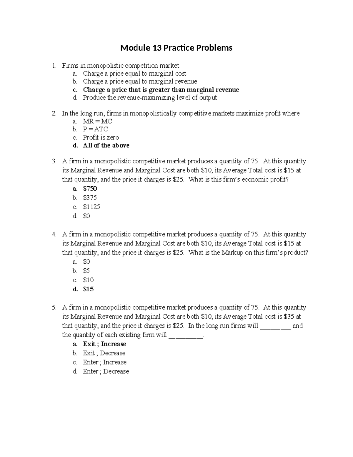 Module 13 Practice Problems Answer Key: Monopolistic Competition - Studocu