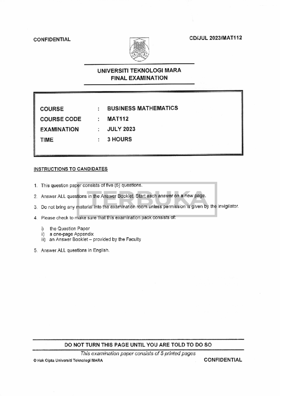 MAT112 Final Exam Paper - Business Mathematics July 2023 - Studocu