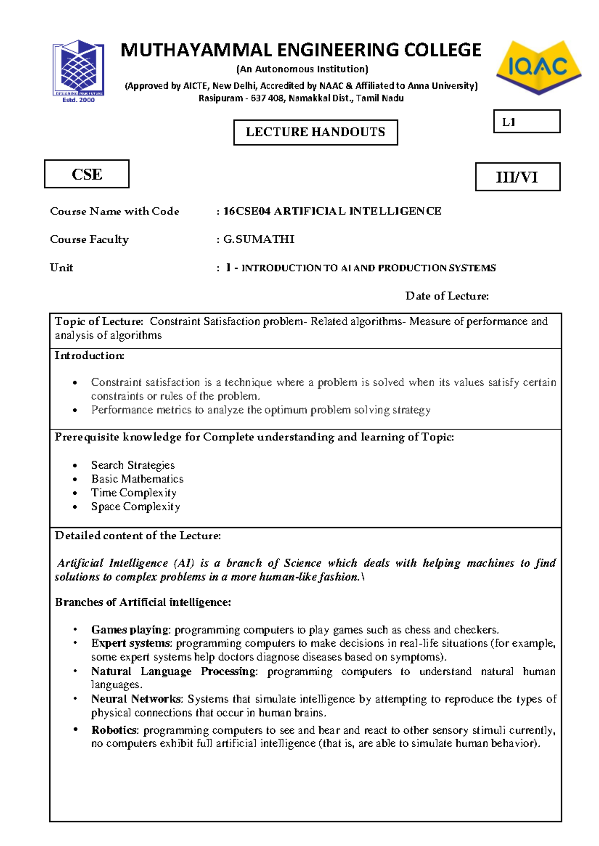 AI - notes - MUTHAYAMMAL ENGINEERING COLLEGE (An Autonomous Institution ...